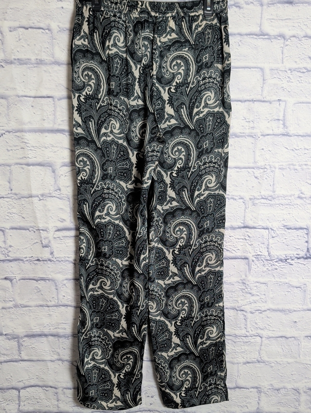 J. Crew Black & Cream Paisley Straight-Leg Pull-On Pants - Size 4 Tall - Picture 6 of 11